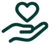 Dark green hand and heart representing products donated