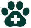 Dark green paw with plus symbol representing veterinary retailers we work with